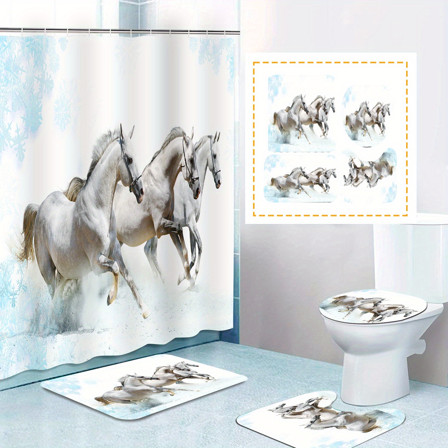 Horse Pattern Shower 12 Hooks Flannel Bathroom Mats Set Non - Temu New ...