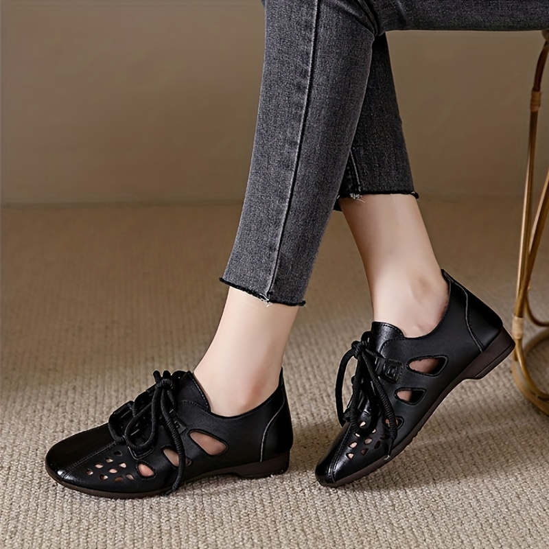 Women's Hollow Out Flats, Retro Lace Up Low Top Shoes, Casual