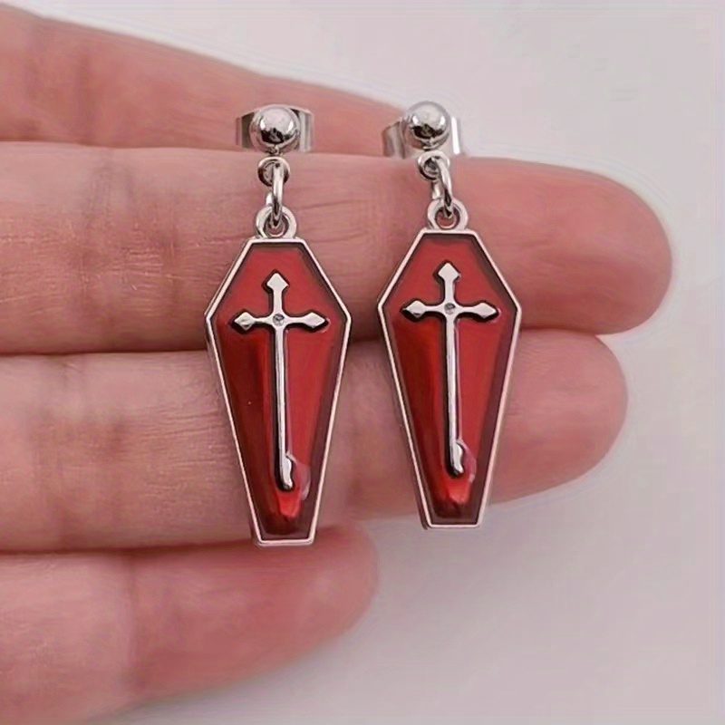 Men s Punk Gothic Cross Coffin Drop Earrings Halloween Party Temu