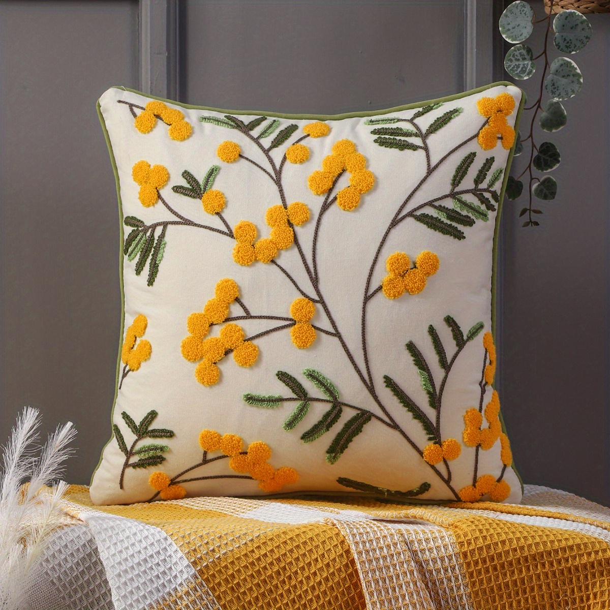 Canvas Leaf Fruit Embroidery Pillowcase Without Pillow Insert 1pc