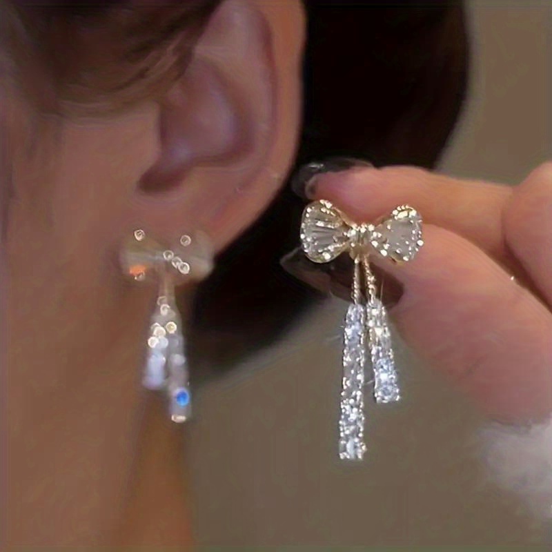 Elegant Bow Tie Drop Earrings With Rhinestone Accents And Dangling Tassels, Alloy Construction, For Women, Suitable For Daily Wear And Gift-, Cute Earrings