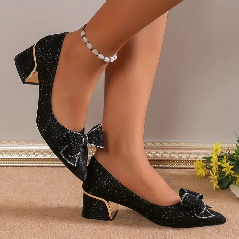 Zapatos De Tacón Bajo Grueso Con Lazo Para Mujer, Elegantes Zapatos De  Vestir Con Purpurina En Punta, Zapatos De Noche Para Todo Partido