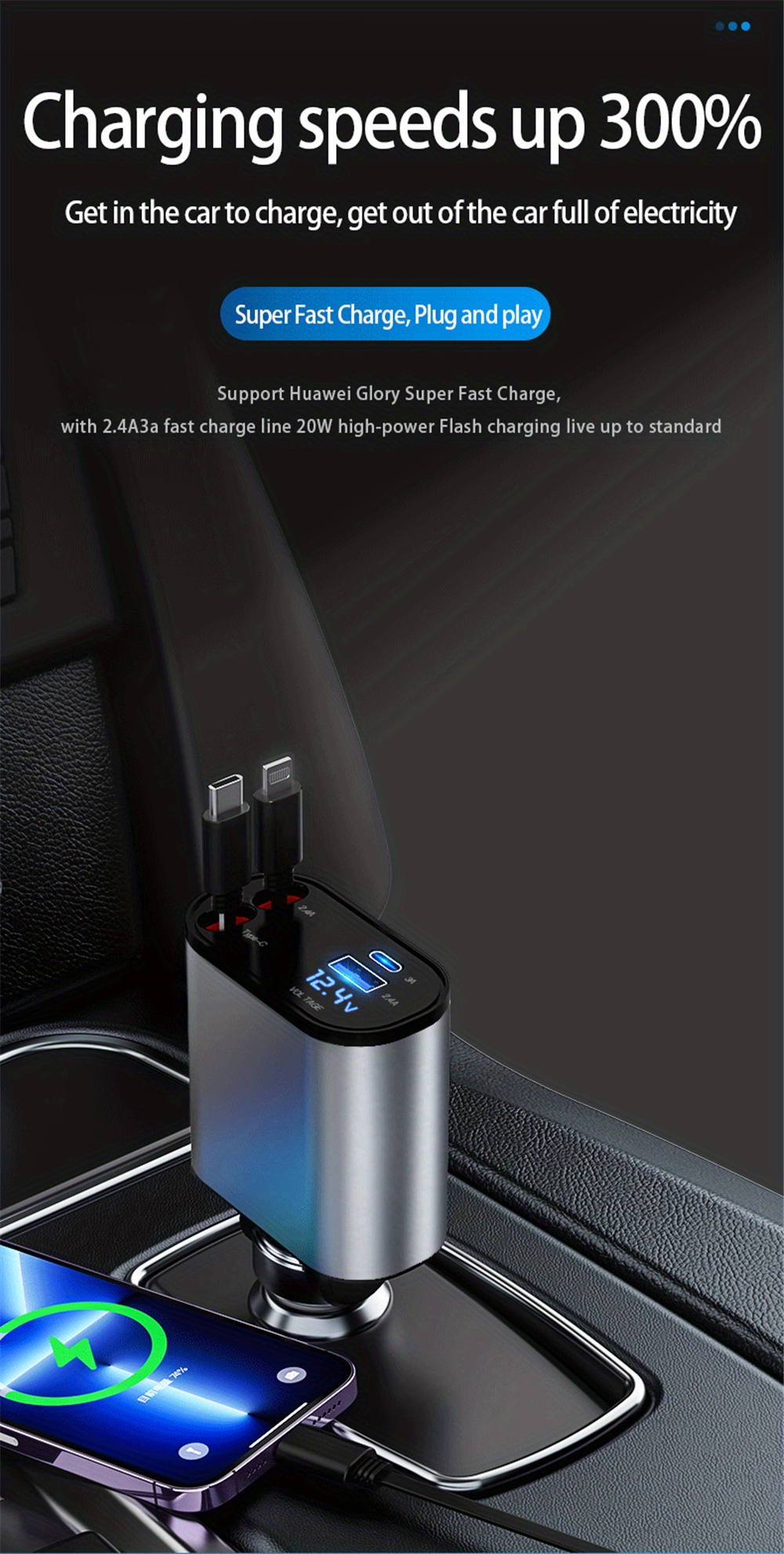 100w 4 in 1 car charger comes with retractable cable digital display fast charging usb type c for iphone xiaomi samsung adjustable cord cigarette lighter adapter details 2