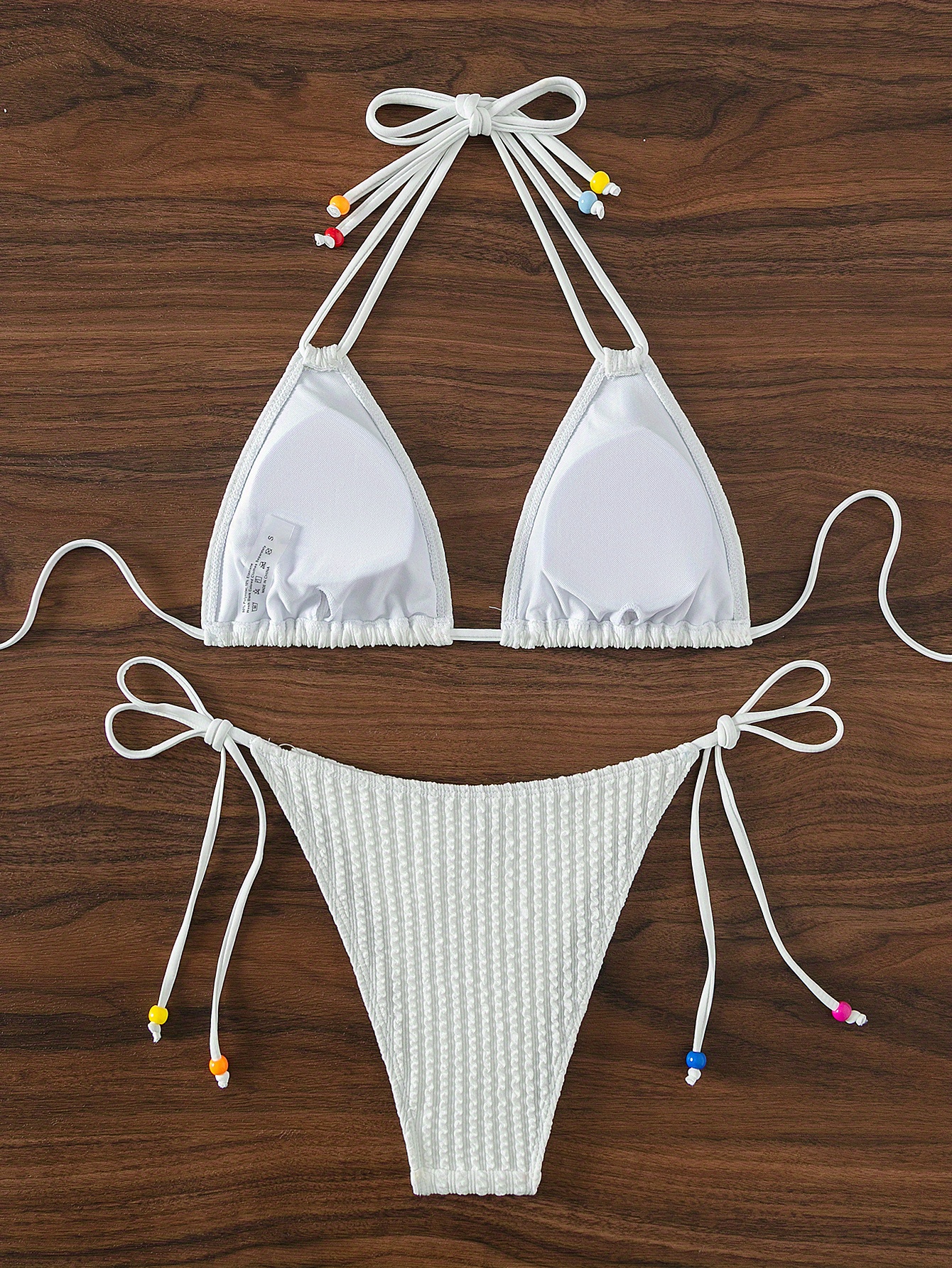 Rib Fabric Triangle Beaded Bikini, Halter White Tie Back Stretchy Tie