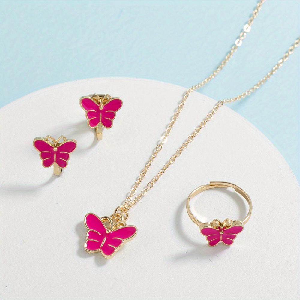 1set Girl's Cute Jewelry Set, Summer Fashion Drip Oil Butterfly Harmless  Ear Clip Necklace Ring