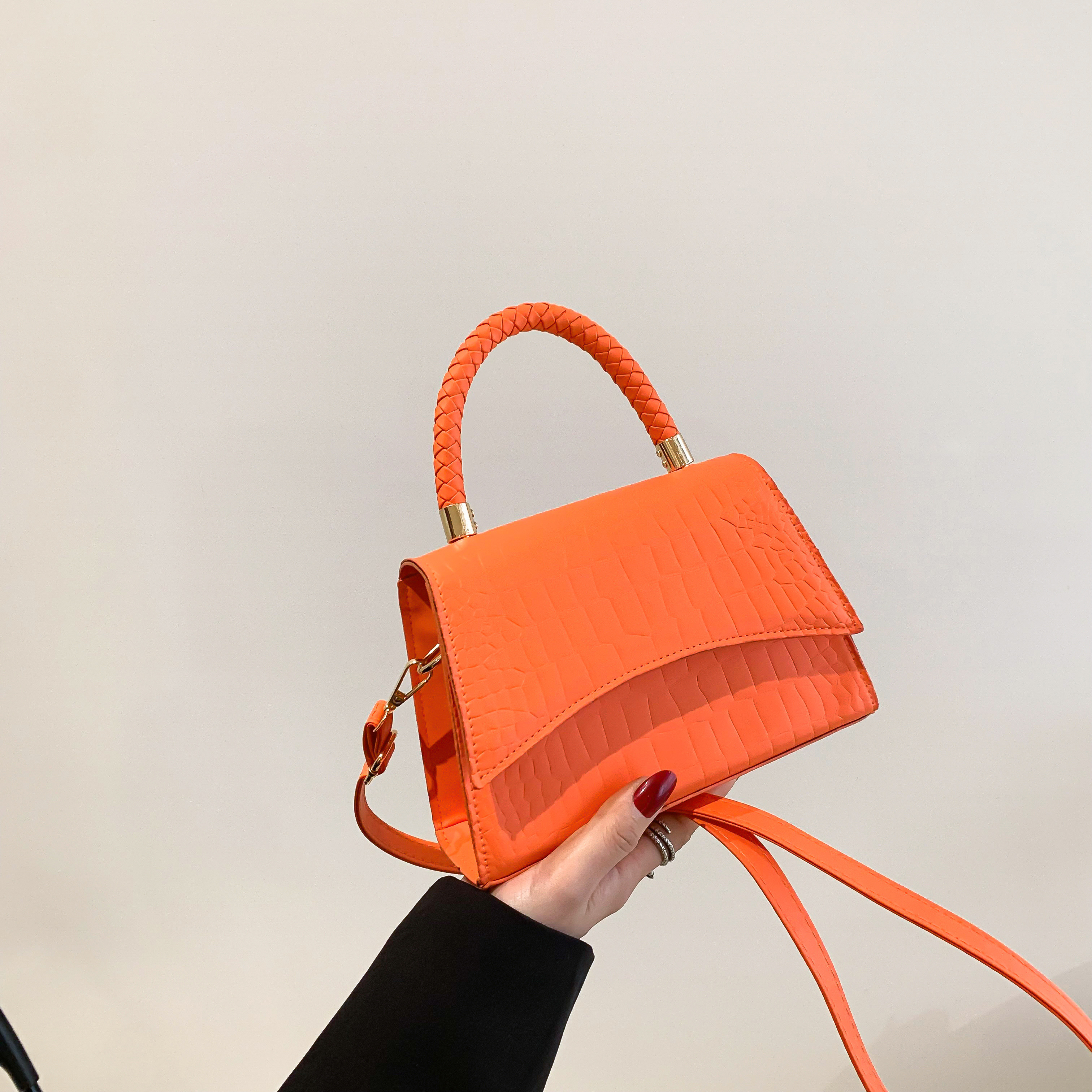 Orange Hourglass S crocodile-effect leather bag
