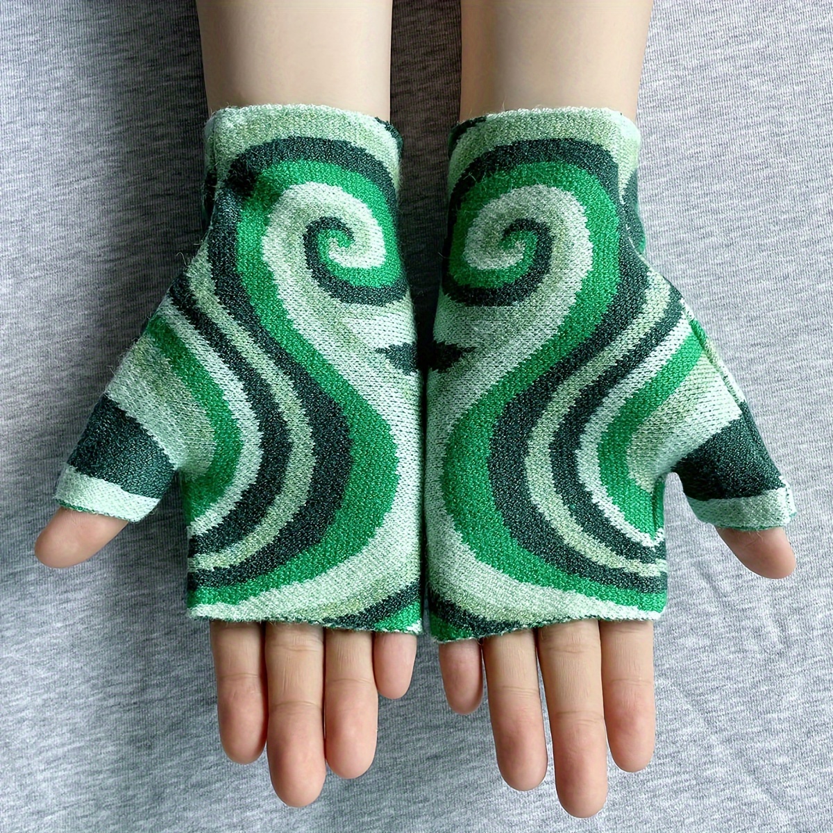 Spiral Pattern Jacquard Gloves Unisex Short Half Finger Warm Gloves Casual Geometric Elastic Gloves