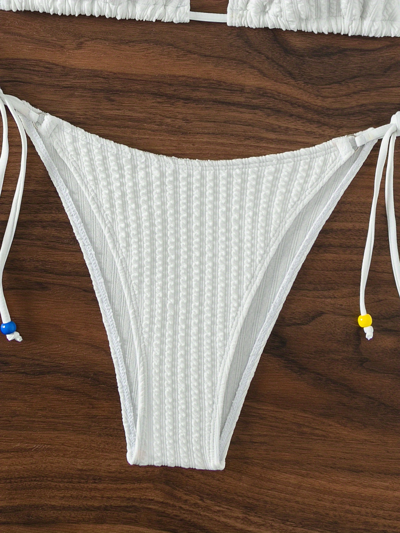 Rib Fabric Triangle Beaded Bikini, Halter White Tie Back Stretchy Tie