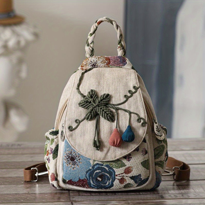 Boho Embroidered Backpack Purse for Women, Embroidery Women Messenger Bag,  Vintage Handmade Embroidered Canvas Backpack Ethnic Drawstring Travel