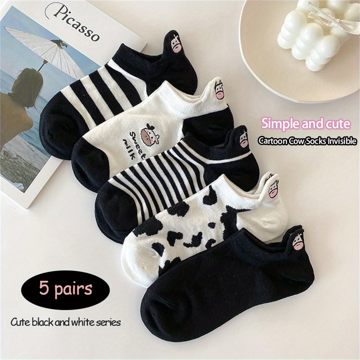 5 Pairs Of Women's Invisible Cartoon Cow Socks, Cute Black And White Short Socks That Don't Slip Off