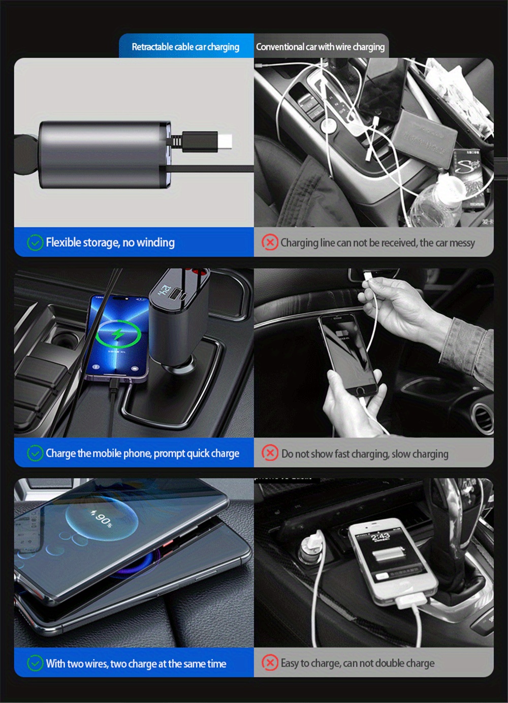 100w 4 in 1 car charger comes with retractable cable digital display fast charging usb type c for iphone xiaomi samsung adjustable cord cigarette lighter adapter details 4