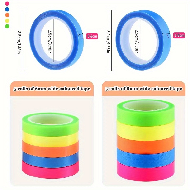 TEMU 5 Rollos De Etiquetas De Colores Fluorescentes Extraíbles, Semitransparentes, Aptas Para Lectura, Aprendizaje, Hogar, Oficina, Escuela Y Se