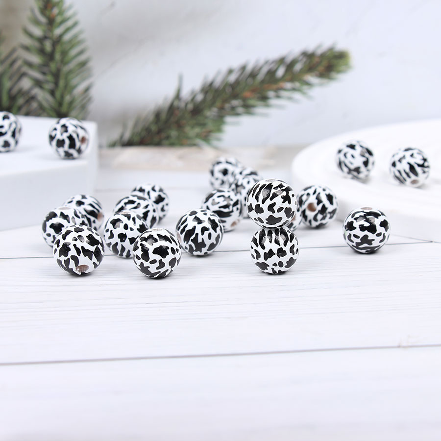 Cute Cow Leopard Print Beads White Black Wooden Round - Temu