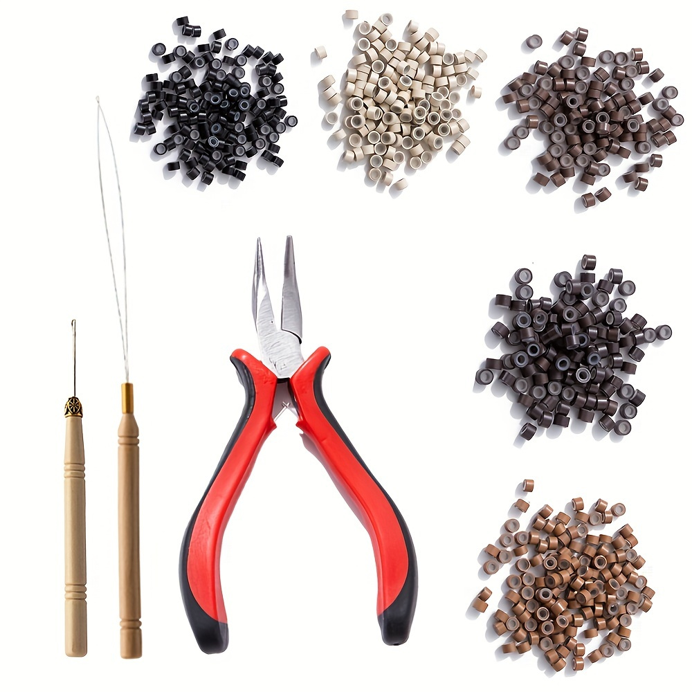 Hair Extensions Tools Kit Professional Hair Styling Tools Accessory 500 Pcs  Micro Ring Beads 1 Plier 2 Hook Needle Pulling Loop 2 Plastic Alligator