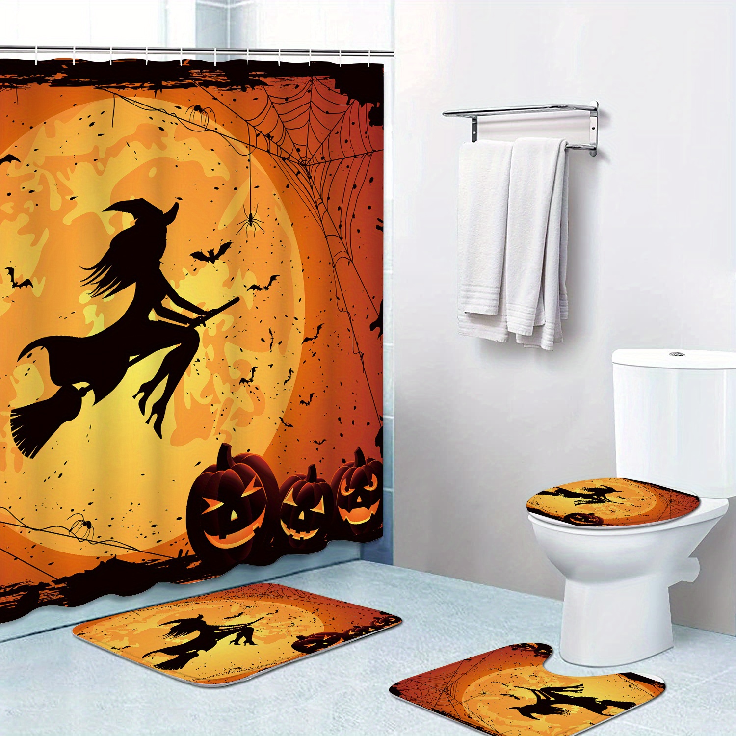 Halloween Witch Hat Broom Shower Curtain Liner Waterproof Fabric Bathroom  Hooks