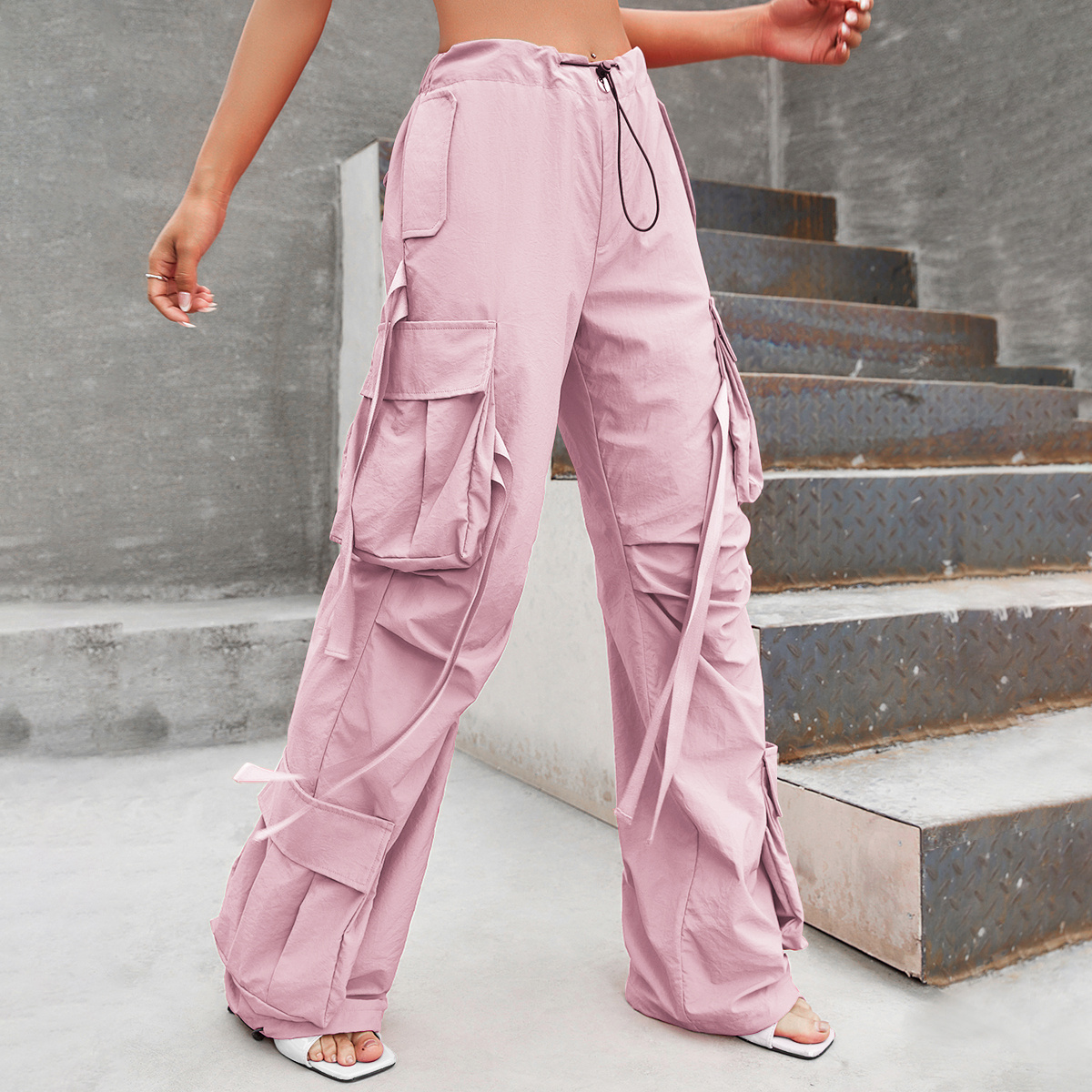 Solid Flap Pockets Wide Leg Cargo Pants, Casual Drawstring Pants For Spring  & Fall, Women's Clothing