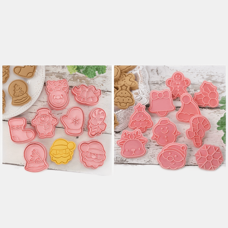 8pcs Christmas Cookies Mold Set, 3d Embossed Cookies Cutter Press Molds,  Including Christmas Tree, Snowman, Bell, Snowflakes, Santa Claus Pattern,  Pink, Suitable For Christmas Baking