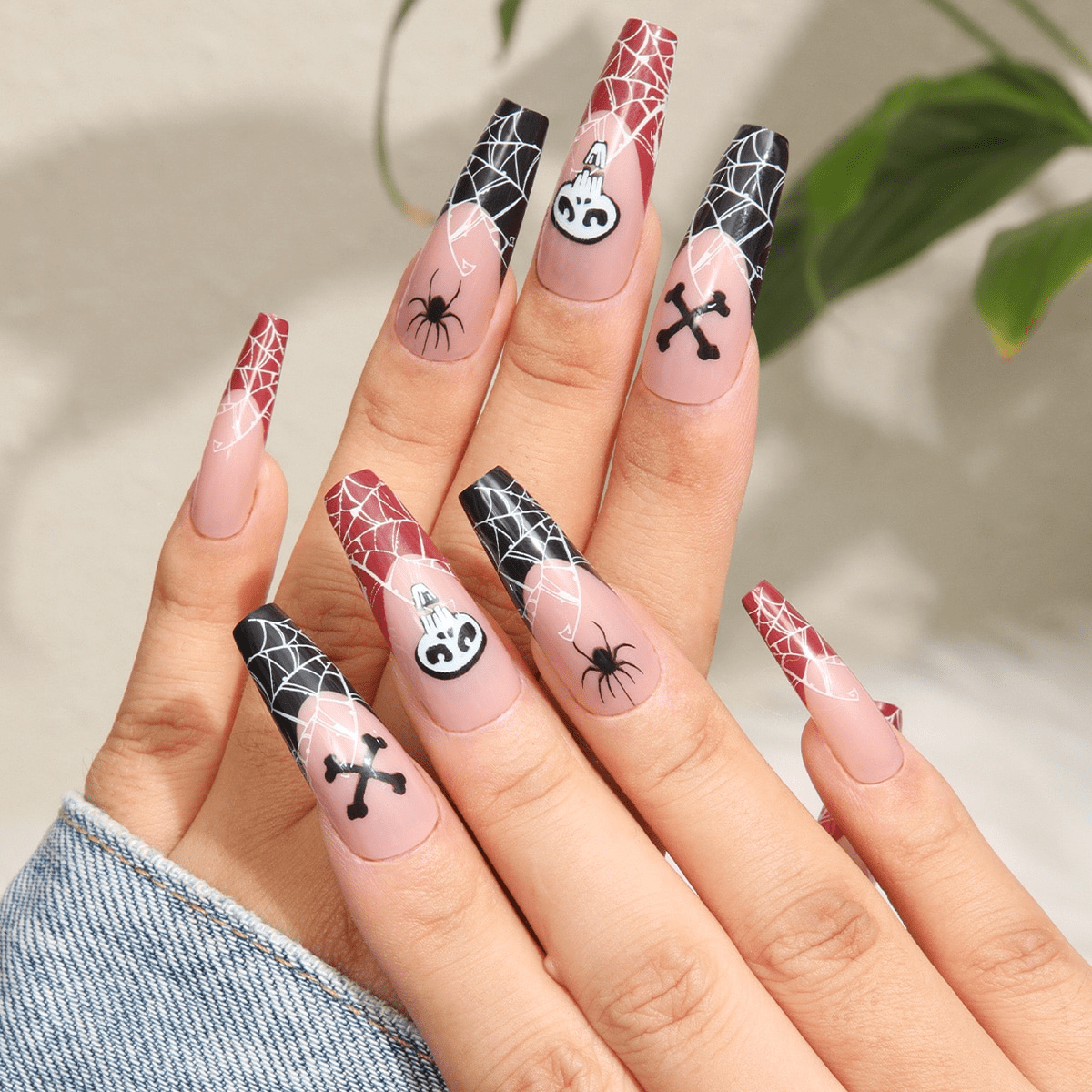 YOSOMK French Tip Long Press on Nails with Designs Black and Red Spider Web  False Fake Nails Giltter Acrylic Nails Press On Coffin Artificial Nails for  Women Stick on Nails With Glue