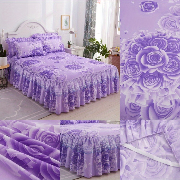 3pcs soft and comfortable lace macrame bed skirt set with flower print   bedroom and   decor   1 bed skirt and 2 pillowcases non slip   universal design details 2