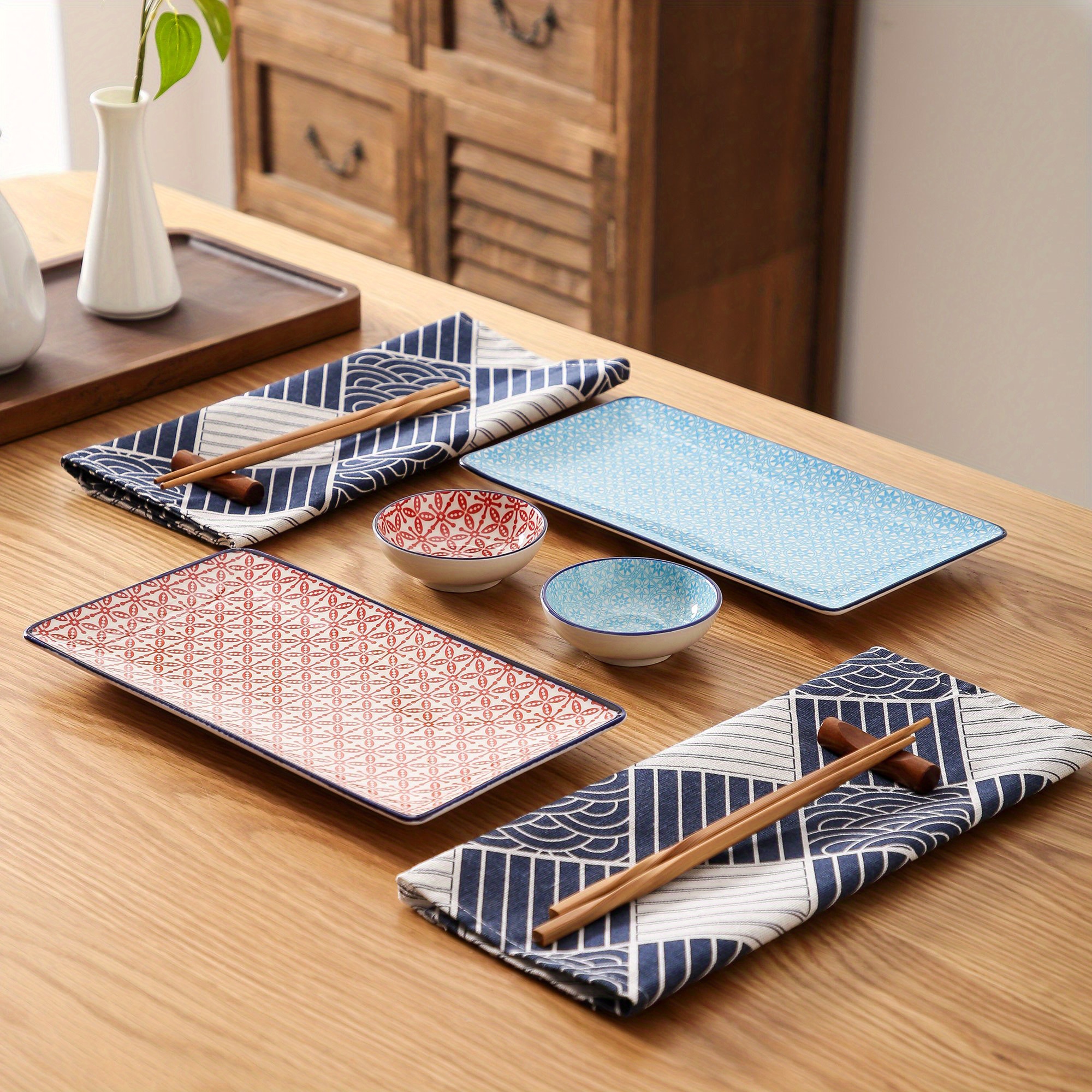 6 PCS Sushi Set Porcelain Japanese Style Hand-Painted Blue And Red, 2 Sushi  Plates, 2 Dip Bowls, 2 Pairs Of Chopsticks For Sushi, Kitchen Items, Kitch