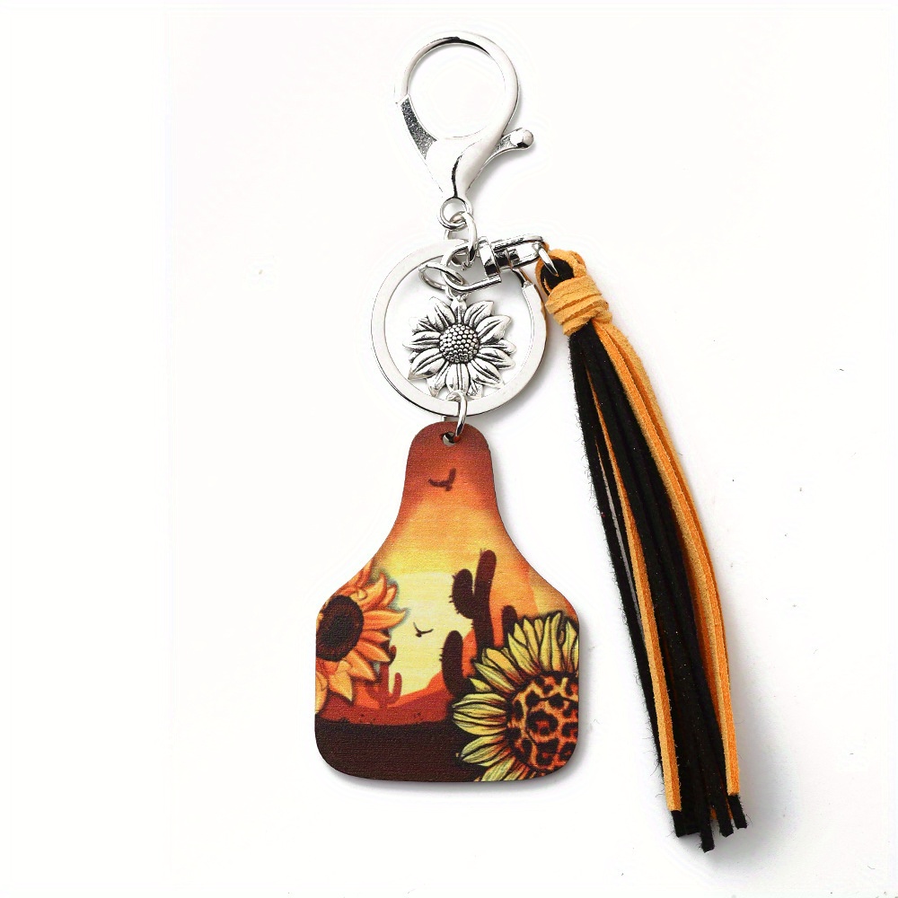 Painted Sunflower & Initial Round Leather Keychain