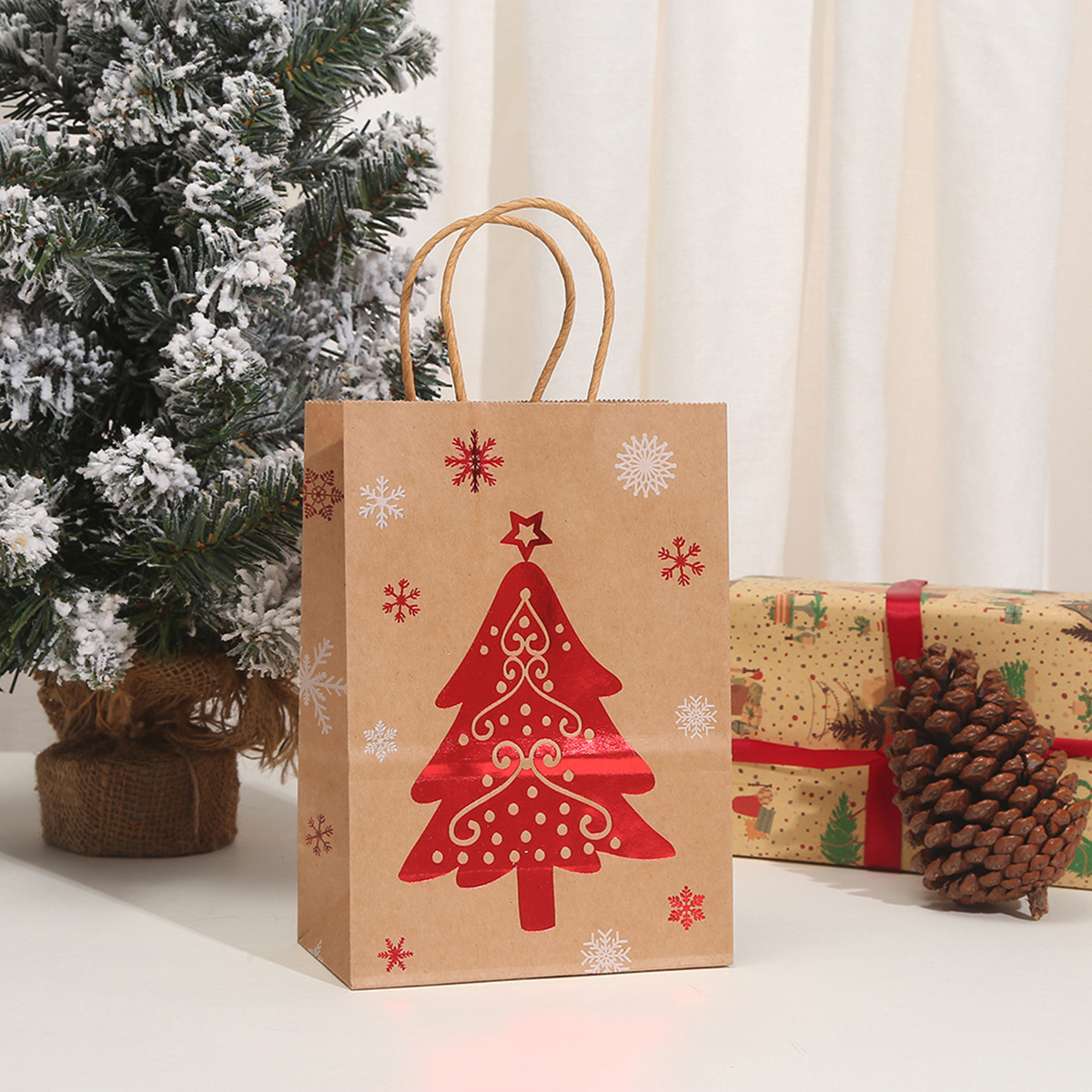 Christmas Kraft Gift Bag Set (12 Bags, 3 Sizes with 50 Sheets Tissue Paper Included) Black, White, Brown, Christmas Pine Trees, Snowflakes