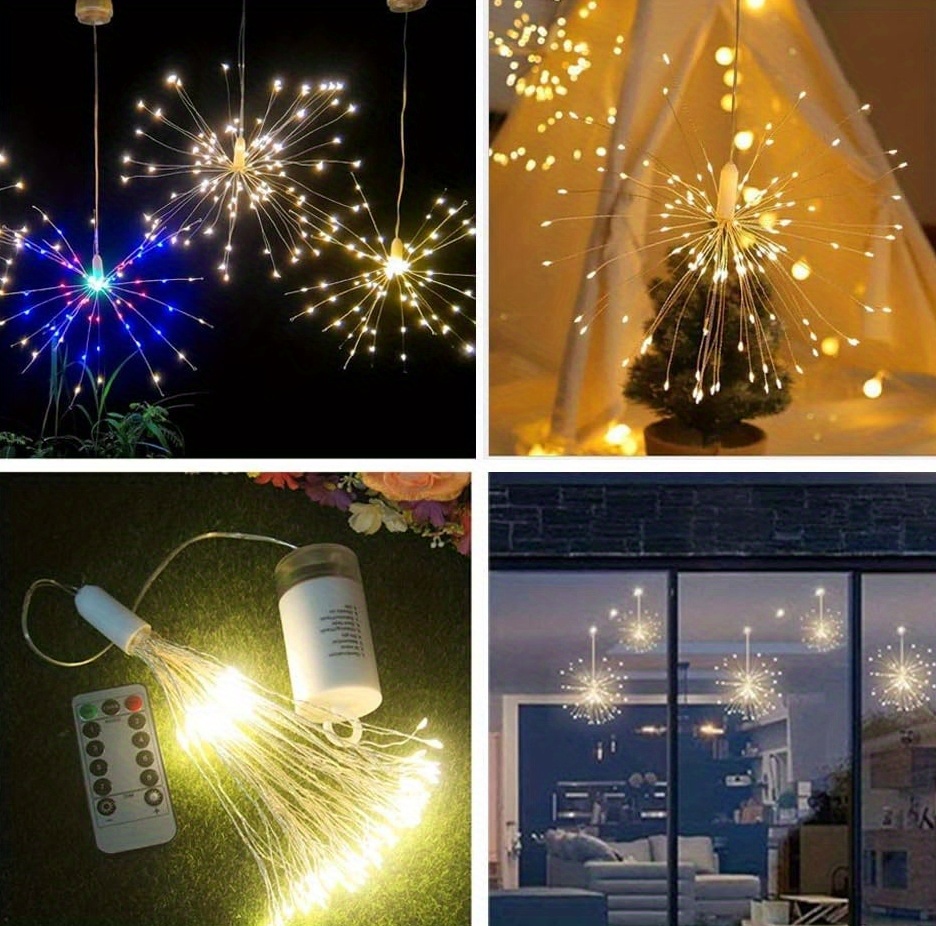 2pack fireworks lights led copper wire starburst string lights 8 modes battery operated fairy lights with remote wedding christmas decoration hanging lights for party patio garden decor warm white colorful white details 3