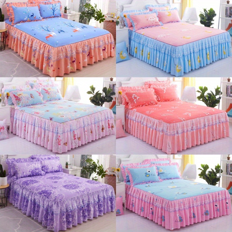 3pcs soft and comfortable lace macrame bed skirt set with flower print   bedroom and   decor   1 bed skirt and 2 pillowcases non slip   universal design details 0