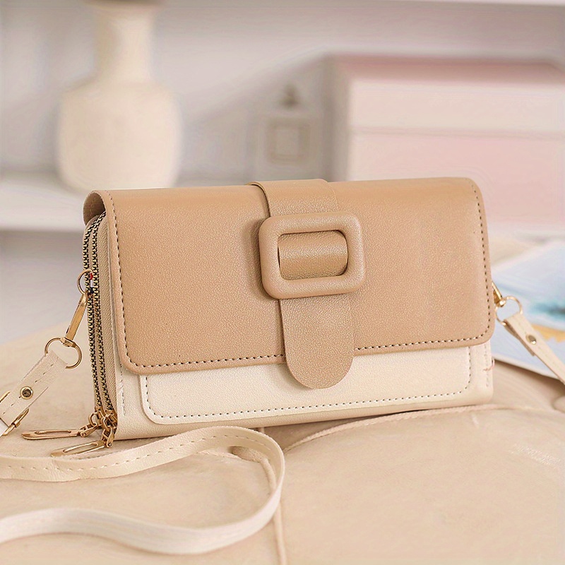 Colorblock Square Shoulder Bag Buckle Decor Purse With Detachable Strap