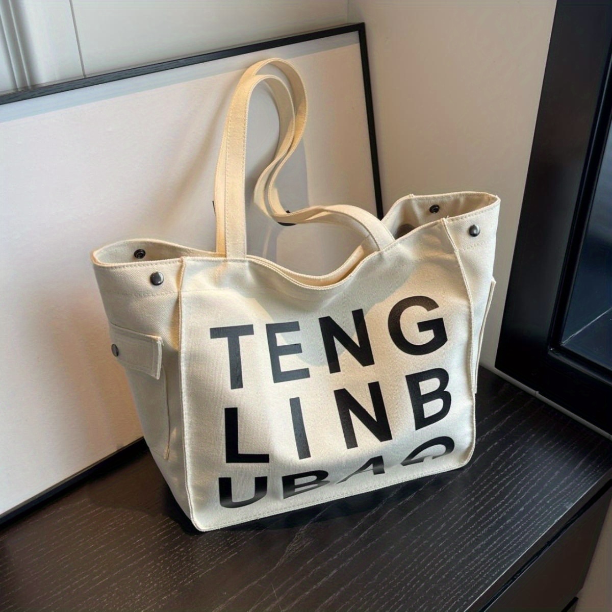 Large Capacity Simple Striped Canvas Shoulder Bag Womens Casual Shopping Bag  Literature Portable Tote Bag - Bags & Luggage - Temu