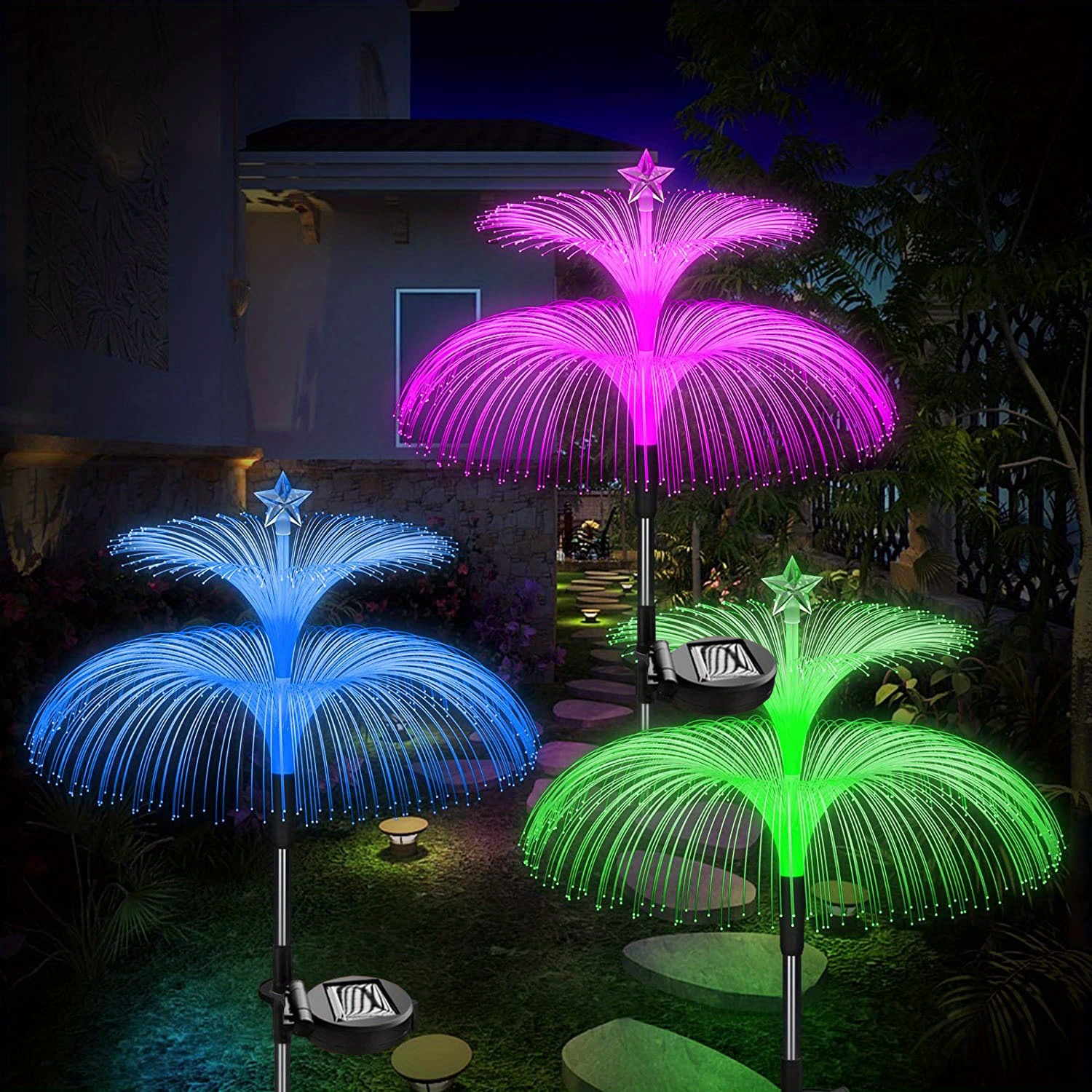 2 3pcs solar garden lights new upgraded solar outdoor lights waterproof 7 color variations twin jellyfish and star solar flower lights garden decorations yard decorations outdoor decorations womens gifts details 0