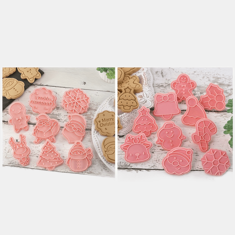 8pcs Christmas Cookies Mold Set, 3d Embossed Cookies Cutter Press Molds,  Including Christmas Tree, Snowman, Bell, Snowflakes, Santa Claus Pattern,  Pink, Suitable For Christmas Baking