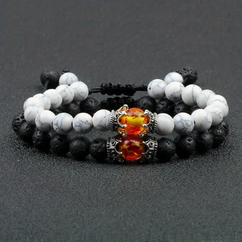 UNCOMMON Men's Beads Bracelet Two Black Crown Charms Lava Beads