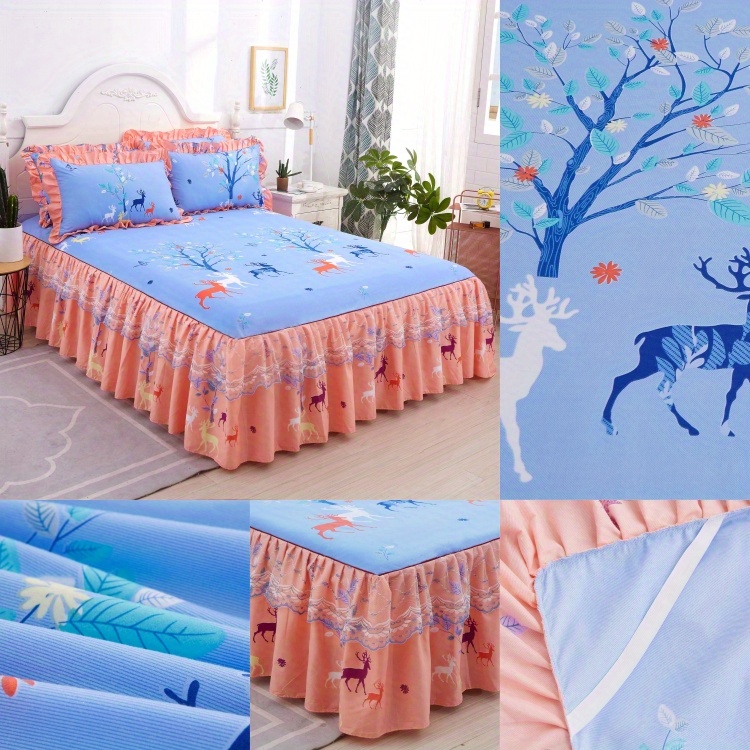 3pcs soft and comfortable lace macrame bed skirt set with flower print   bedroom and   decor   1 bed skirt and 2 pillowcases non slip   universal design details 1