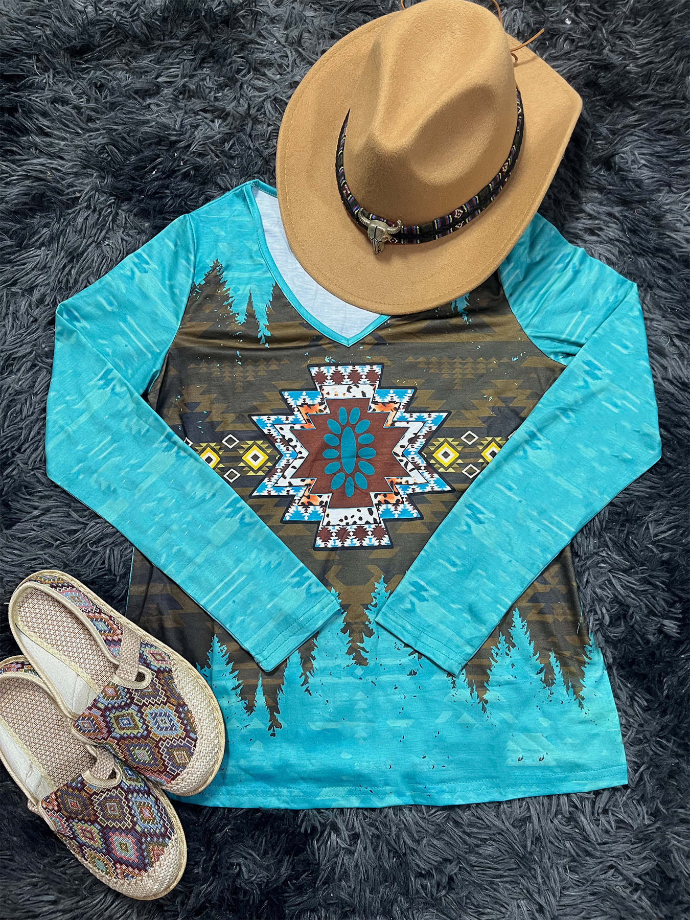aztec print v neck t shirt casual long sleeve t shirt for spring fall womens clothing details 1