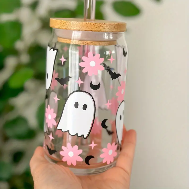 Halloween Drinking Glass With Lid And Straw Can Shaped - Temu