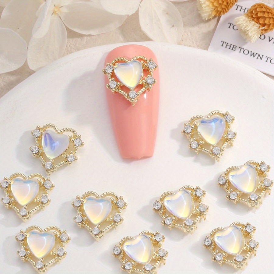 10pcs Aurora Peach Heart Nail Charms + Rhinestones Nail Gem Accessories