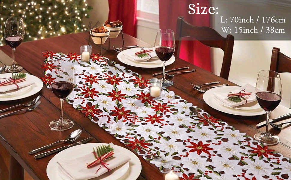 Caminos de mesa bordados de Navidad Poinsettia Holly Leaf Manteles para  decoraciones navideñas 15 x 69 pulgadas JAMW Sencillez