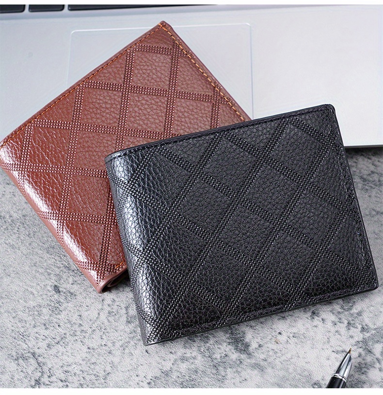 Men's Fashion Leather Short Wallet Money Clip Argyle Pattern Multi