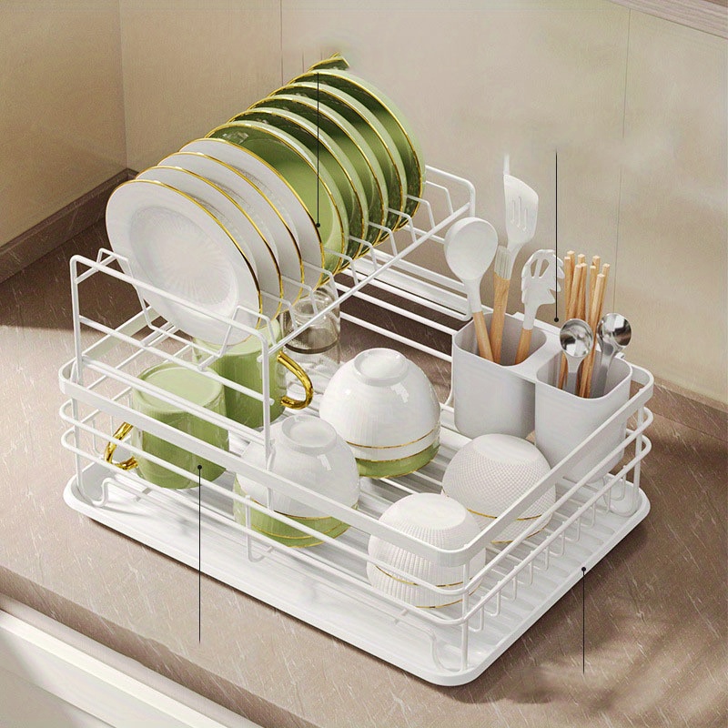 1pc Rust Proof 2 Tier Dish Drying Rack With Drain Board Hooks And Utensil  Holder Perfect For Kitchen Countertops And Dorm Rooms - Home & Kitchen -  Temu