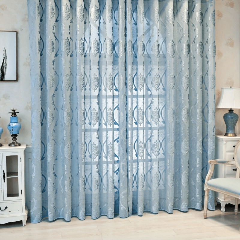 Allure Luxury Jacquard Mocha and Pastel Blue Lace Curtain