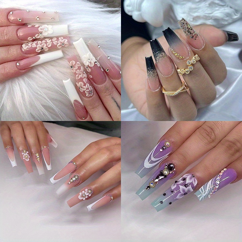 Glitter Press Nails Mixed Gradient Fake Nails Flower - Temu