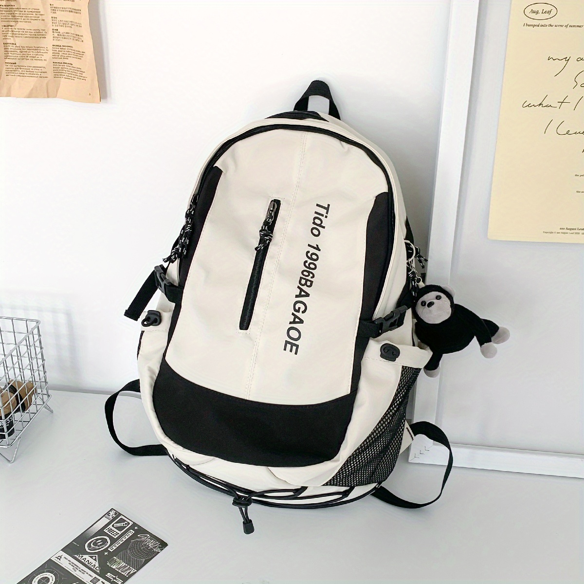 Letter Graphic Large Capacity Backpack Two Tone Colorblock Zipper