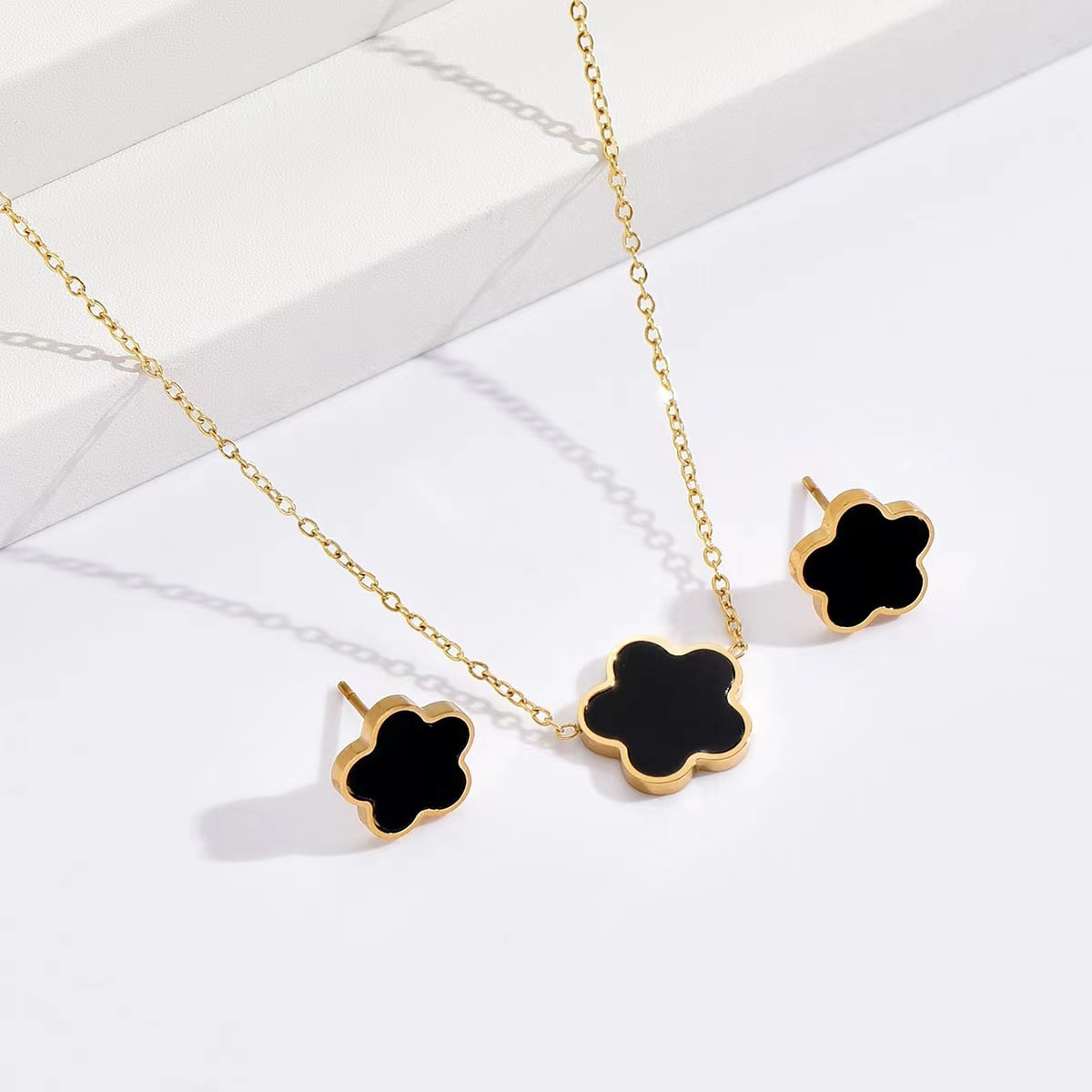 Gold Plated Black Enamel Five Leaf Clover Flower Necklace 