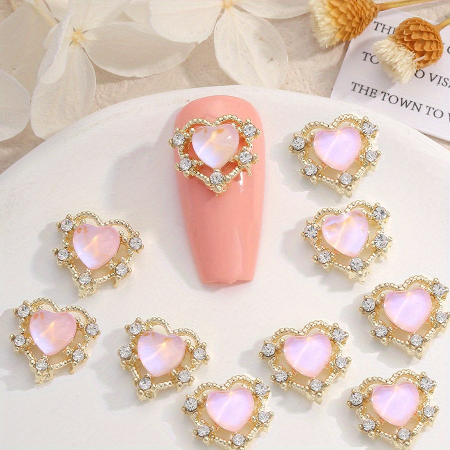 10pcs Aurora Peach Heart Nail Charms + Rhinestones Nail Gem Accessories
