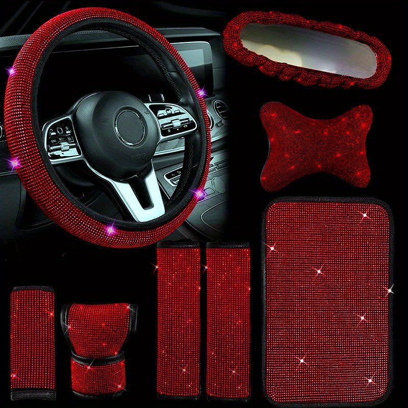 8pcs Bling Car Accessories Women Bling Steering Wheel Cover Set Shoulder  Pads Neck Pillow Gear Shift Cover Rhinestone Center Console Cover -  Automotive - Temu