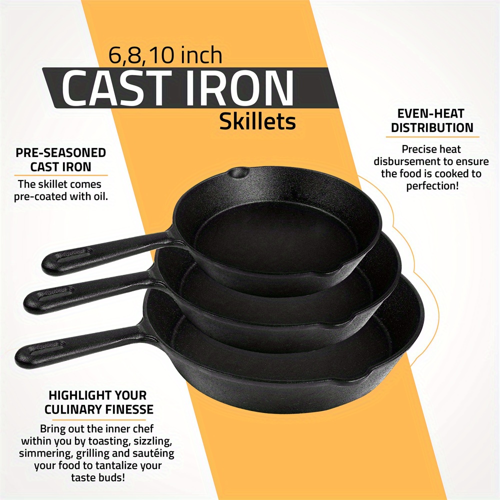 Saute Fry Pan - Pre-Seasoned Cast * Set 3-Piece - Nonstick Frying Pan 6  Inch, 8 Inch And 10 Inch Cast Iron Set