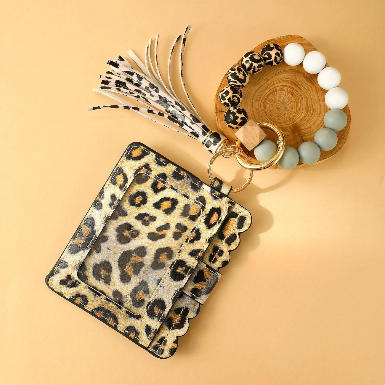 Key Ring Bangle Purse Designer Leopard Leather Card Holder Silicone Beaded Credit Cards Keychain