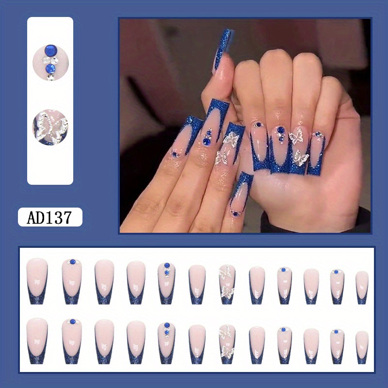 Elevate Your Style with 24pcs Long Almond Blue French Glitter Rhinestones  Style Fake Nail & 1pc Nail File & 1sheet Tape