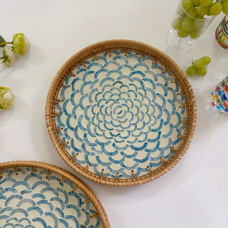 Rattan Tray with Mother of Pearl Inlay Wooden Base, Serving Basket for Breakfast Food, Round Tray As Coffee Table Decor, Mother of Pearl Decoration